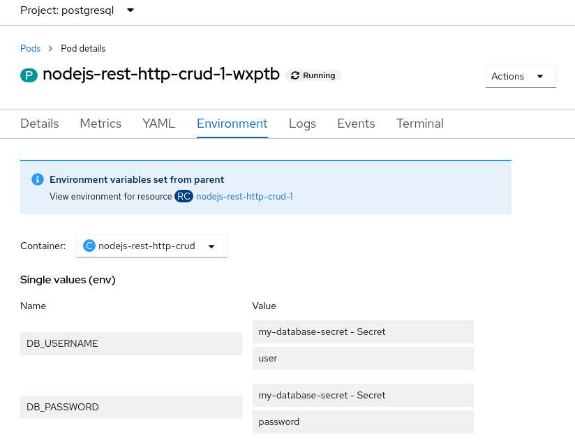 Pod details in the OpenShift console reveal the environmental variables set in the pod.