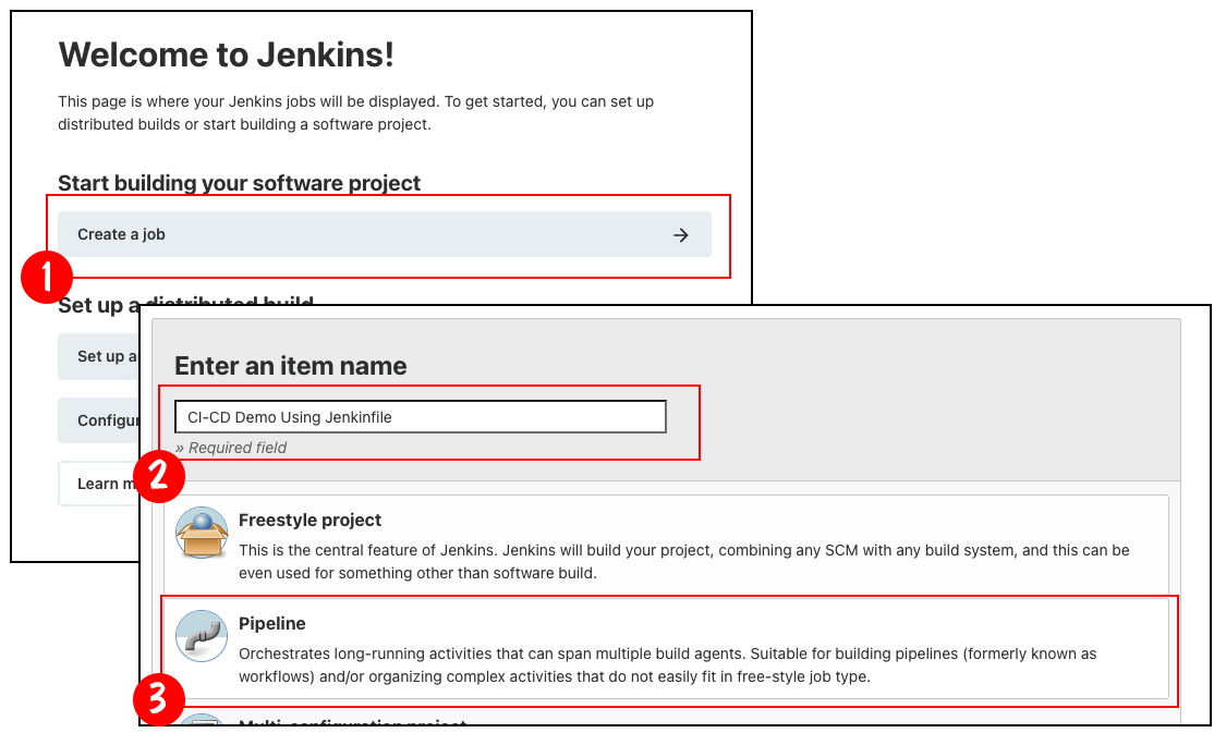 On the Jenkins Dashboard, you create and name a job and mark it as a Jenkins Pipeline.