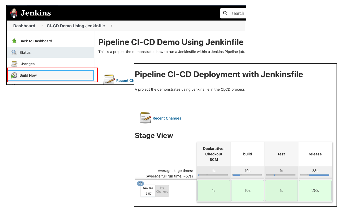 The results of executing a Jenkinsfile are shown in the job's Jenkins Dashboard page.