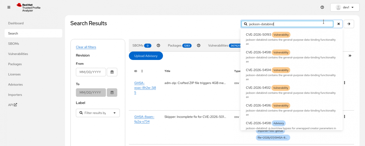 Trusted Profile Analyzer search view