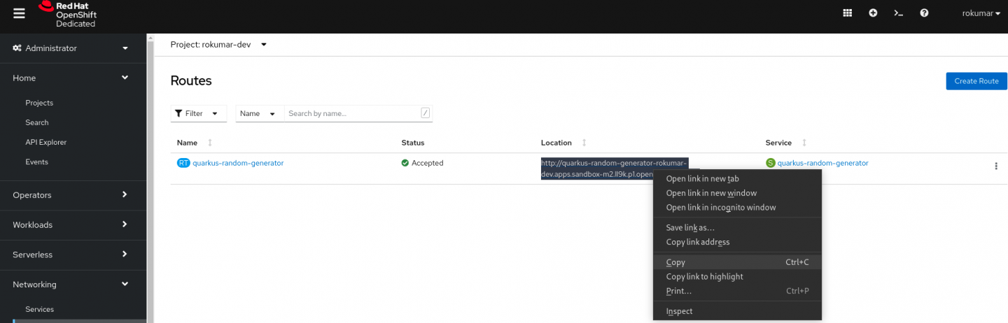 The Routes view in the console shows the location of each route and lets you connect to it.