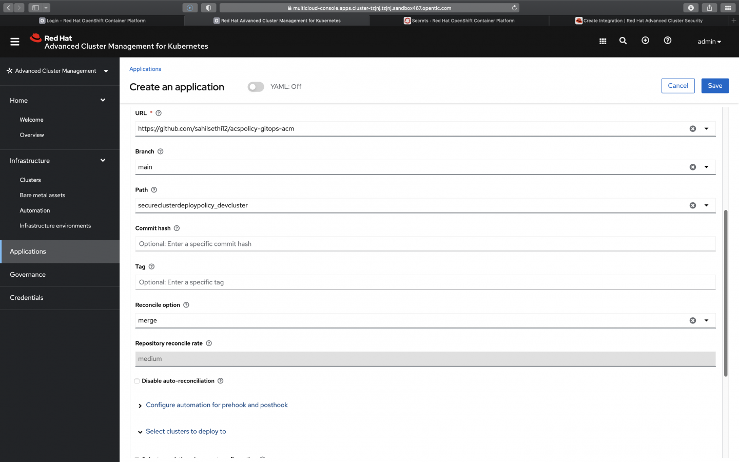 Shows the Application Creation Fields for Secured Cluster Installation