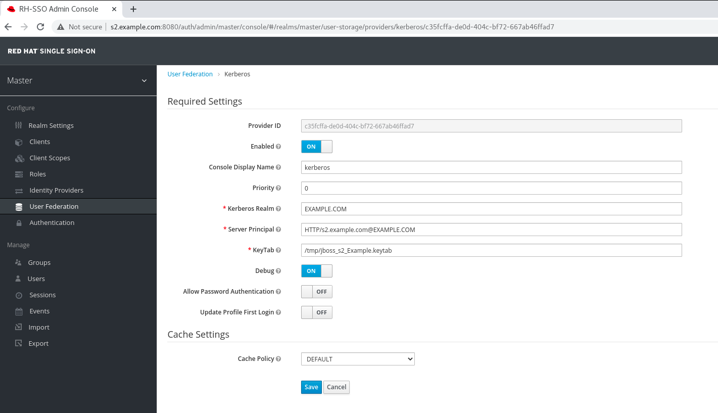 Configure the service principal and keytab in the Required Settings screen.