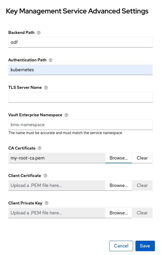 StorageSystem wizard--Key Management Service Advanced Settings page.