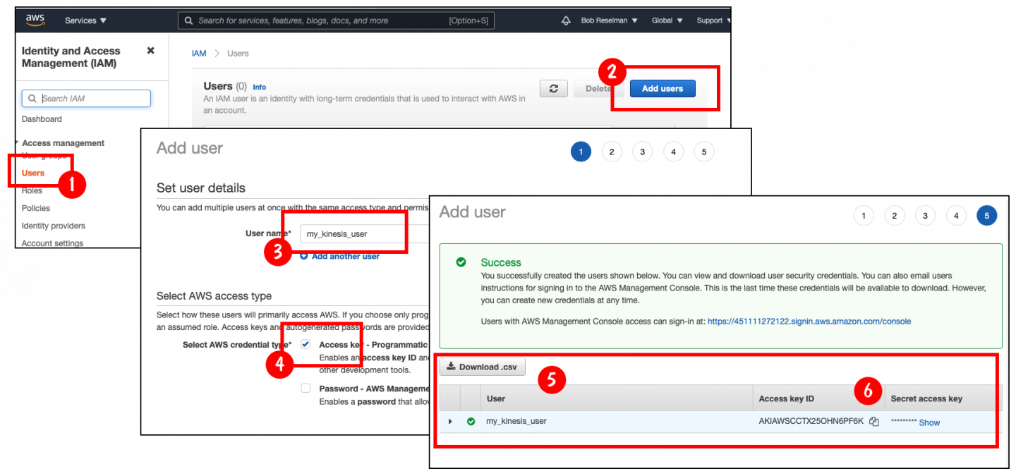 Create a user and save the access information for later use.