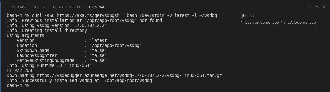 The command downloading vsdbg shows progress in the terminal.