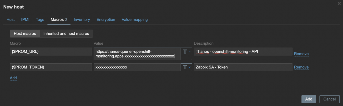 Zabbix &ldquo;Host macros&rdquo; configuration screen showing PROM_URL with the Thanos/Prometheus endpoint and PROM_TOKEN used for API authentication.