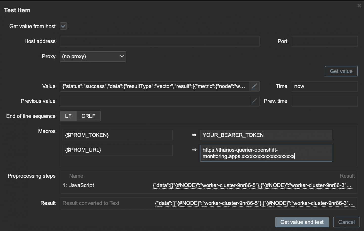 The Zabbix test item window displays the Prometheus API response for node discovery.