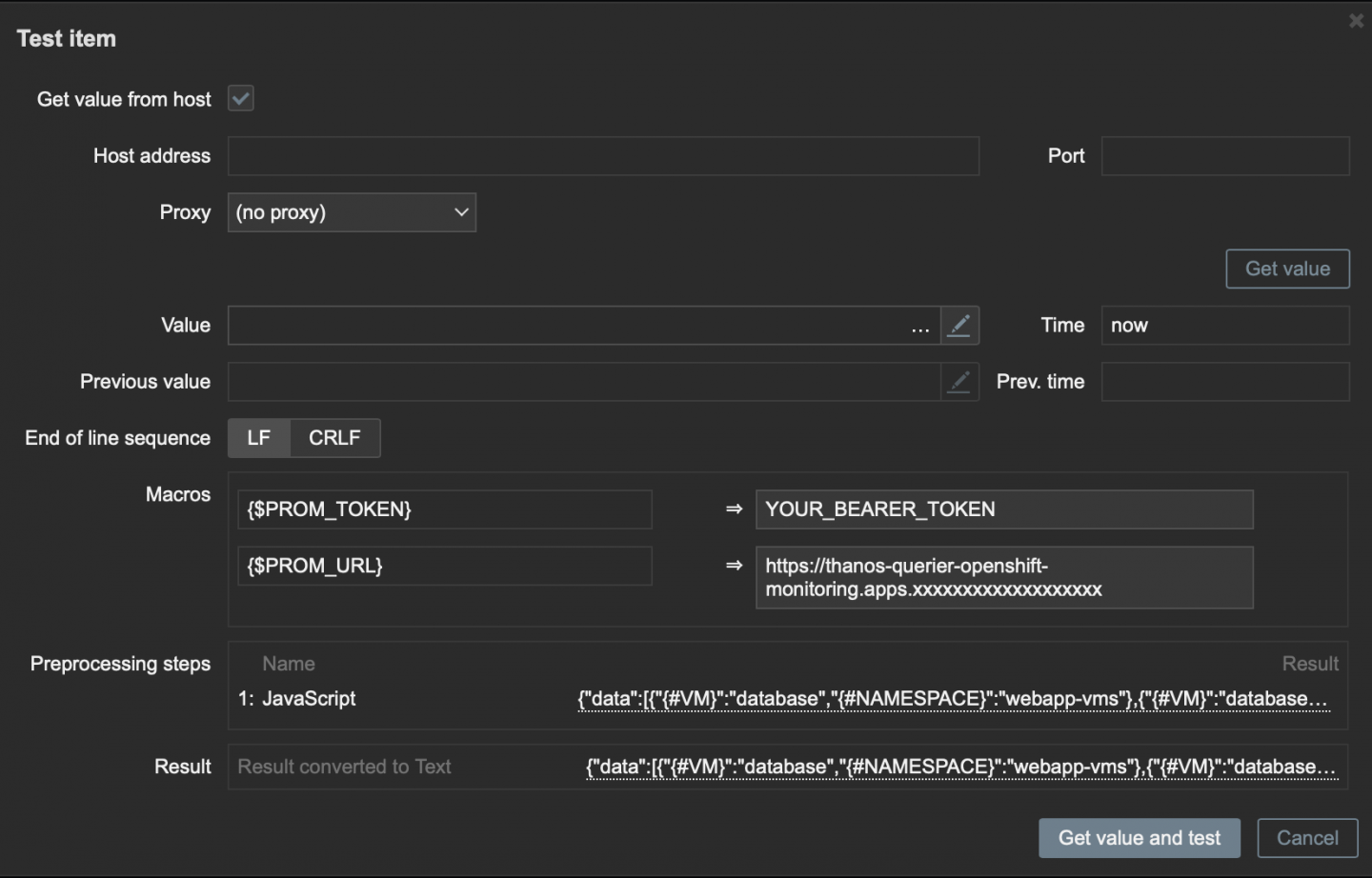 The Zabbix test item window showing Prometheus API macros.