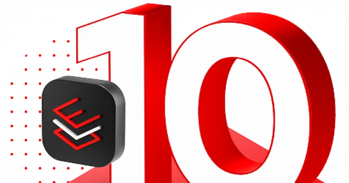 Three dimensional number ten on red square base with layered icon overlay