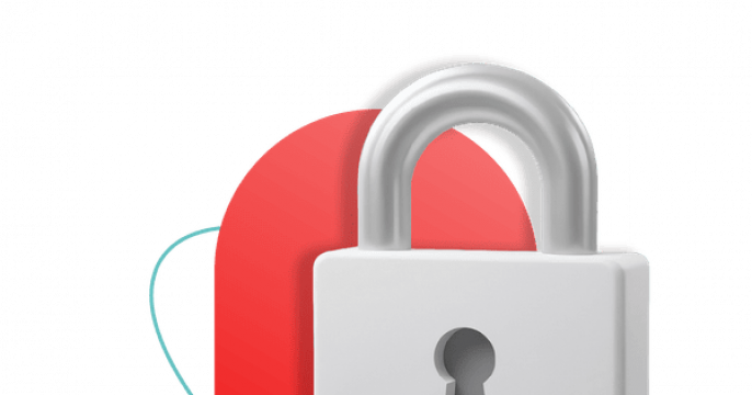 A 3D illustration of a padlock and a stack of servers against a red background