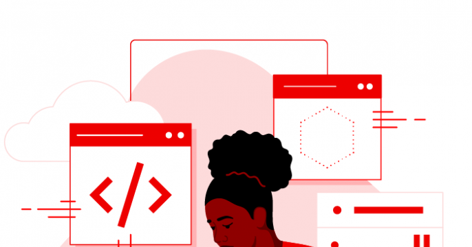 An illustration in red and black of a female developer typing on a laptop, surrounded by floating browser windows with code symbols and server racks