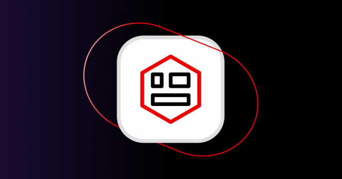 Purple and black background behind a trapazoidal icon
