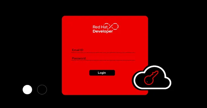 A Red Hat Developer login screen showing Email ID and Password fields, a Login button, and a cloud icon containing a key