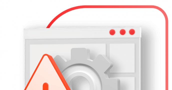 A 3D illustration of a red warning triangle and a gray gear overlapping a software application window