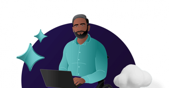 An illustration of a man with a grey beard sitting in a wheelchair and using a laptop
