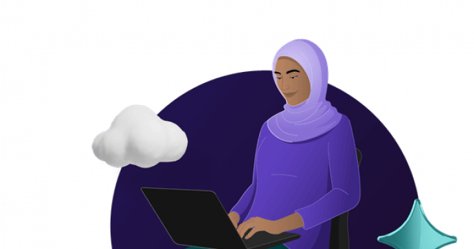 An illustration of a person wearing a purple hijab sitting in a chair and typing on a laptop