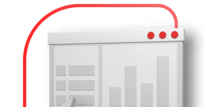 A 3D illustration of a large white mouse cursor pointing at a gray dashboard interface that displays a bar chart