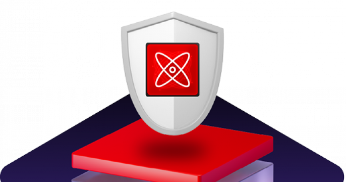A 3D illustration of a silver shield with an atom symbol hovering over a red and translucent cube structure
