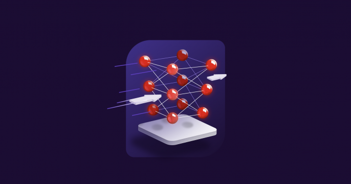 A stylized illustration representing an artificial neural network, set against a dark purple background within a slightly rounded, darker purple square icon shape. The neural network consists of multiple layers of interconnected nodes, depicted as glossy, spherical red orbs. Lines connect these red orbs, forming a complex web. White arrow shapes extend horizontally from the left side, pointing towards the network, suggesting input or data flowing into the system.