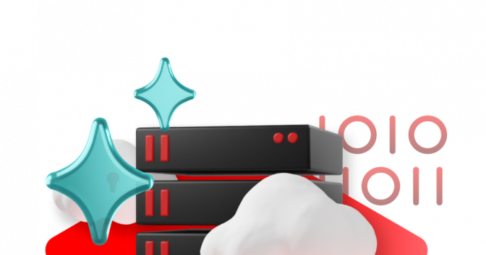 Server stack with cloud and binary code, representing cloud-based AI data processing.