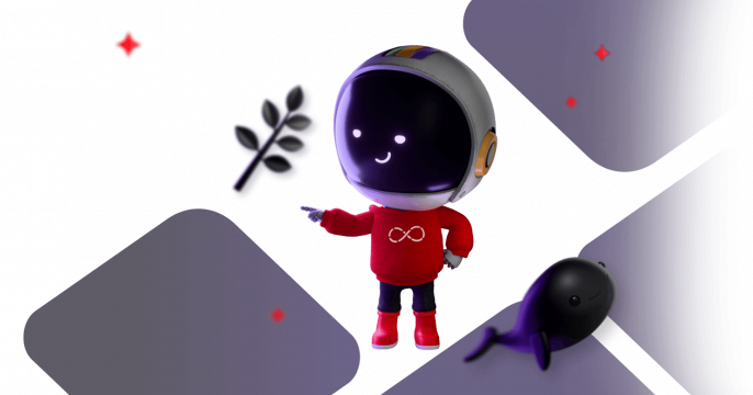 Graphic of Repo the Red Hat Developer robot standing next to graphics of leaves and a whale, surrounded by AI sparkles.