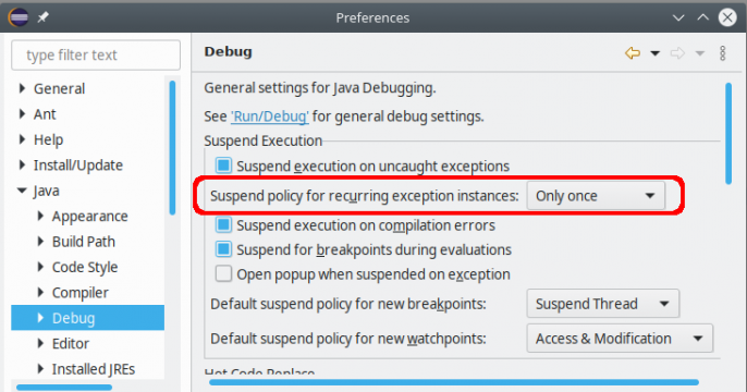 A screenshot of the new debug option for recurring exception instances.
