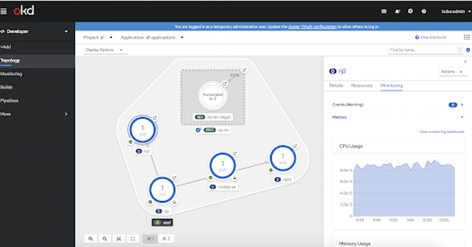 OKD -> Developer -> Topology -> Monitoring tab
