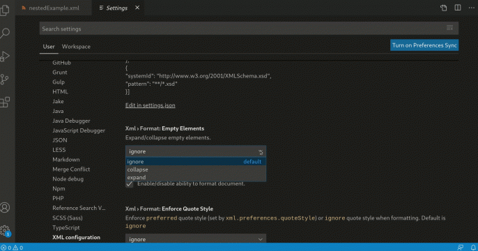Demo of the formatter expanding self-closing elements and turning self closing elements into an open and close tag, depending on the Empty Elements setting