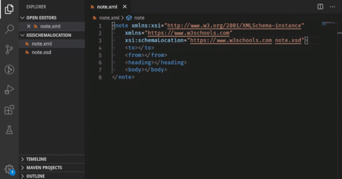 An animated demo shows what happpens when you Ctrl+click the document link for xsi:schemaLocation.