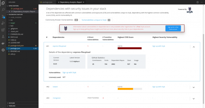 An example Snyk stack analysis report