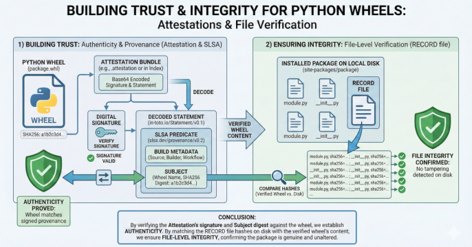 This image shows the relationship between attestation signatures, wheel fingerprint and content fingerprints