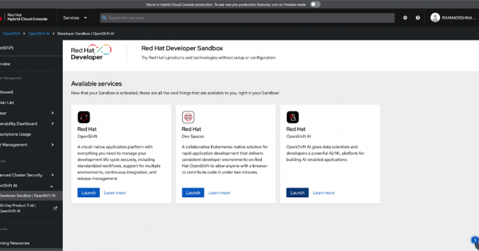 Access the Hybrid Cloud Console dashboard in the Red Hat Hybrid Cloud Console to launch OpenShift AI.