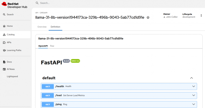 A Swagger or FastAPI-styled API definition provided as part of an API Entity imported into Developer Hub by the OpenShift AI Connector for Developer Hub.