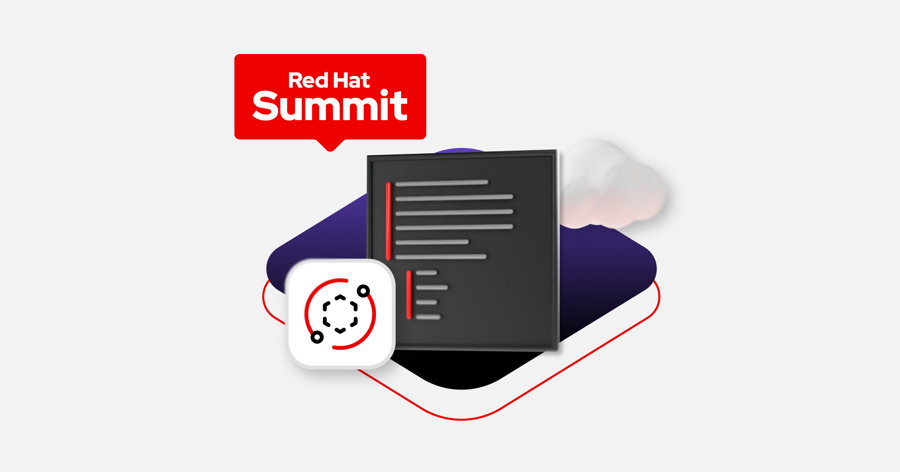 generic dark command line interface with Red Hat Advanced developer suite icon on a purple square background and clouds