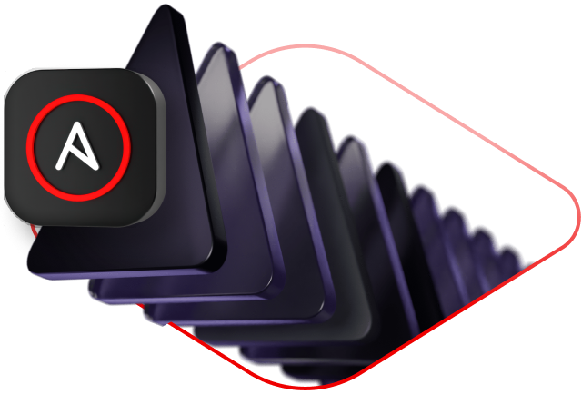 Red Hat Ansible Automation Platform triangle stack with Ansible logo overlaid on top
