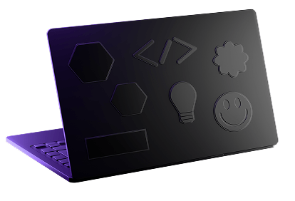 Black laptop lid with embossed icon stickers.