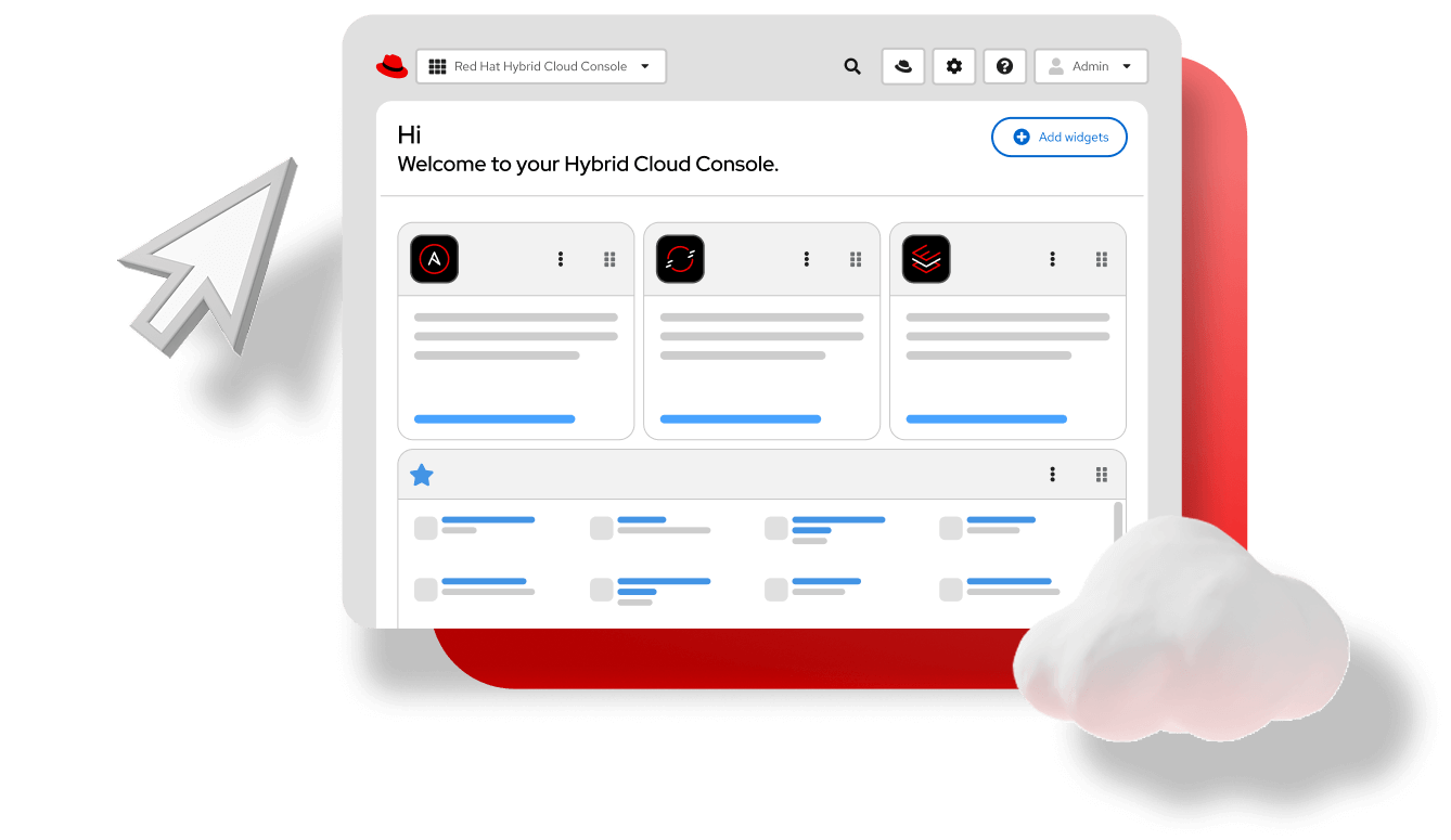 Simplified hybrid cloud console window with cloud and cursor on red background