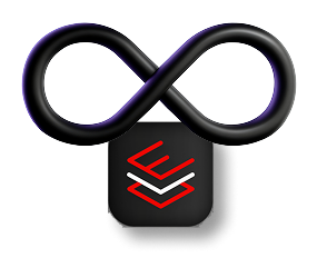 Black infinity symbol with the Red Hat Enterprise Linux icon below it, on a dark purple background with blurred geometric shapes.