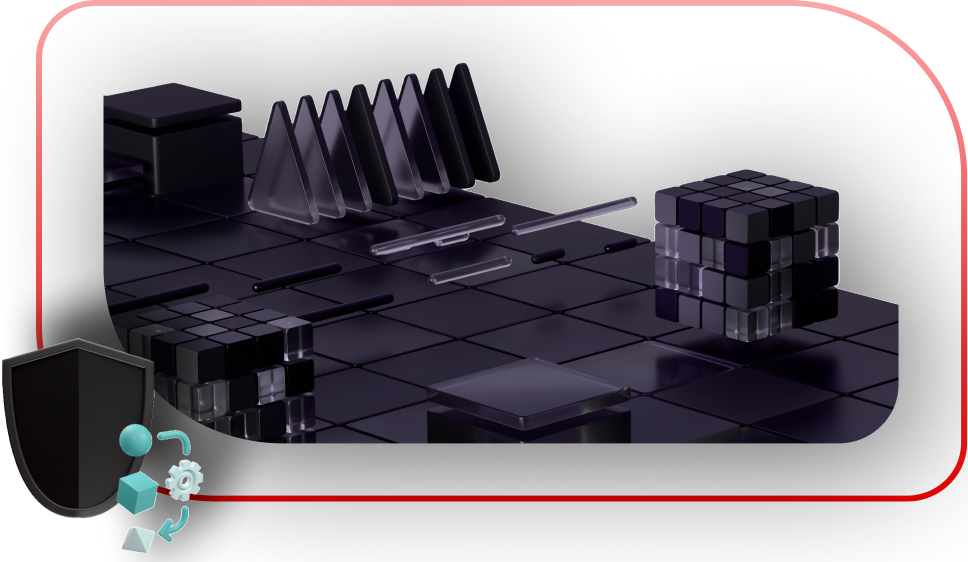 A shield and workflow 3-d object overlaid on top of the Red Hat Cross platform texture