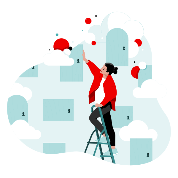 Person in red jacket standing on a ladder with a building backdrop reaching for a cloud with a red circle behind it