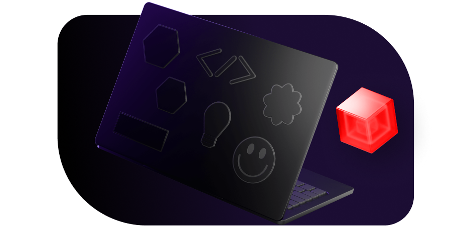 Dark laptop against a purple background and 3-d cube