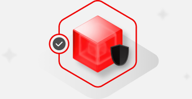 Cube icon outlined in red and overlaid with a black checkmark and shield, representing security and validated components.