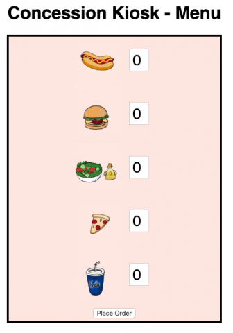 menu with hotdog, hamburger, salad, pizza, and drink