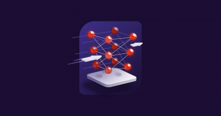 A stylized illustration representing an artificial neural network, set against a dark purple background within a slightly rounded, darker purple square icon shape. The neural network consists of multiple layers of interconnected nodes, depicted as glossy, spherical red orbs. Lines connect these red orbs, forming a complex web. White arrow shapes extend horizontally from the left side, pointing towards the network, suggesting input or data flowing into the system.