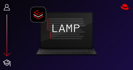 A blurry keyboard with a Red Hat logo on the upper left side and the word LAMP across the front of the keyboard