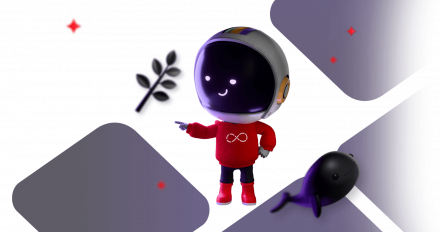 Graphic of Repo the Red Hat Developer robot standing next to graphics of leaves and a whale, surrounded by AI sparkles.
