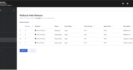A screenshot of the Rollback Helm Release page and the Revision History list in the OpenShift 4.5 console.