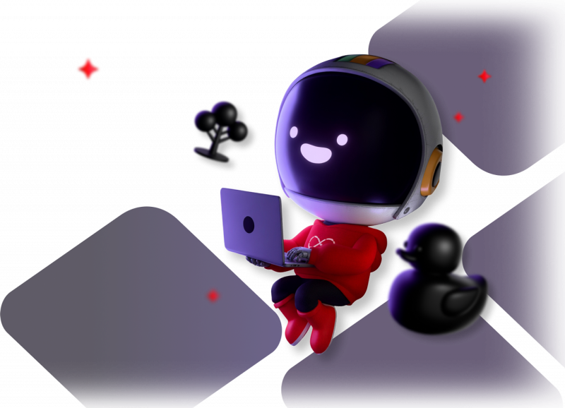 Repo the Red Hat Developer robot floating next to a graphic of a rubber ducky and AI sparkles while holding a laptop.