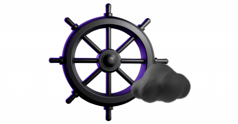 A kubernetes wheel with a cloud overlaid on top